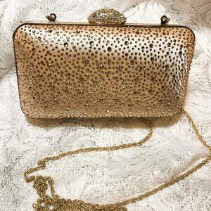 Vintage Rose Gold Rhinestone Evening Clutch La Chateau Long Chain 18x10